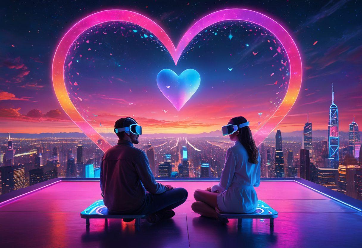 A futuristic scene depicting a couple sitting together, absorbed in a holographic display showing their shared memories, while surrounded by glowing digital hearts. The background features a skyline with advanced technology like drones and neon lights, symbolizing modern romance. Add elements like robotic companions and virtual reality devices enhancing their emotional connection. surrealistic. vibrant colors. 3D.